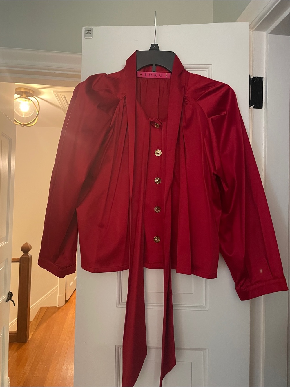 BURU x Valerie Dittner Red Tie-Neck Bow Blouse